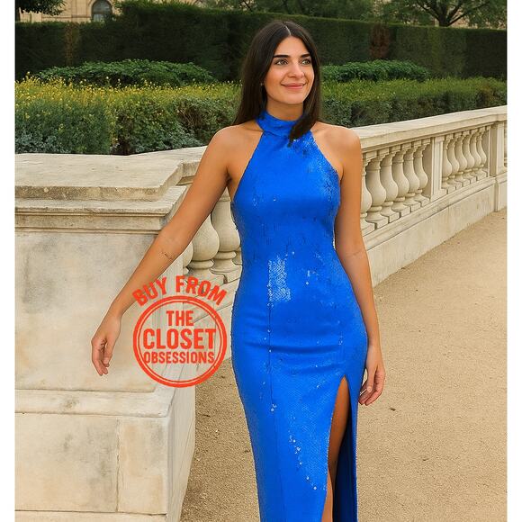 ZARA Sequin Halter Midi Dress NWT | Blue Slit Fitted Blogger Fave L - Picture 3 of 16